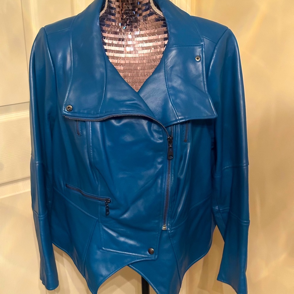 G.I.L.I. Blue Leather Moto Jacket, Size 2X